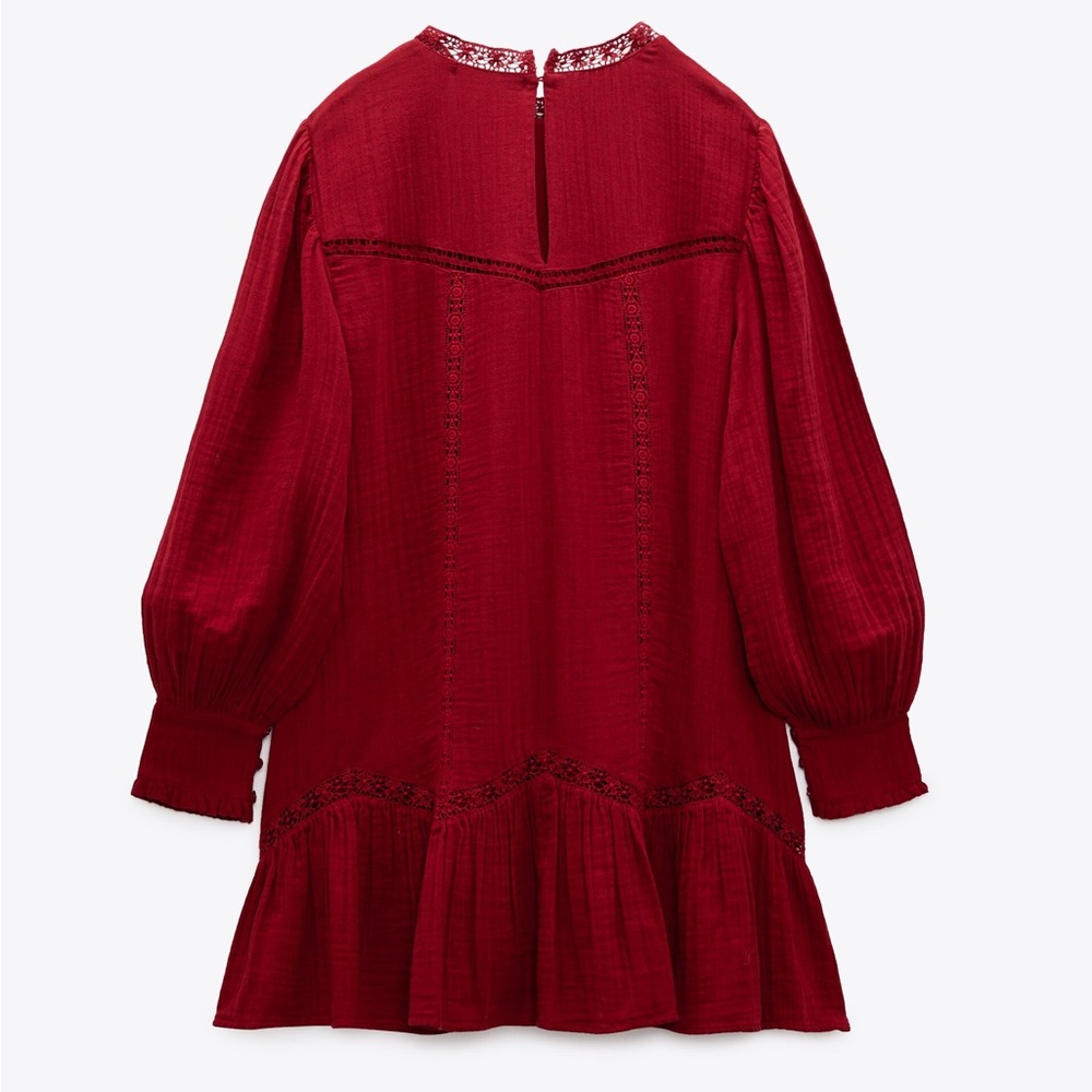 Zara red short embroidered dress, size S